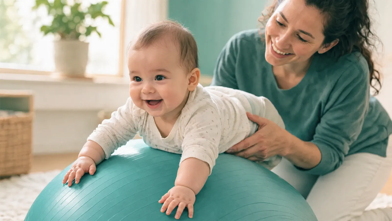 Baby on a therapy ball with a parent for gentle vestibular play