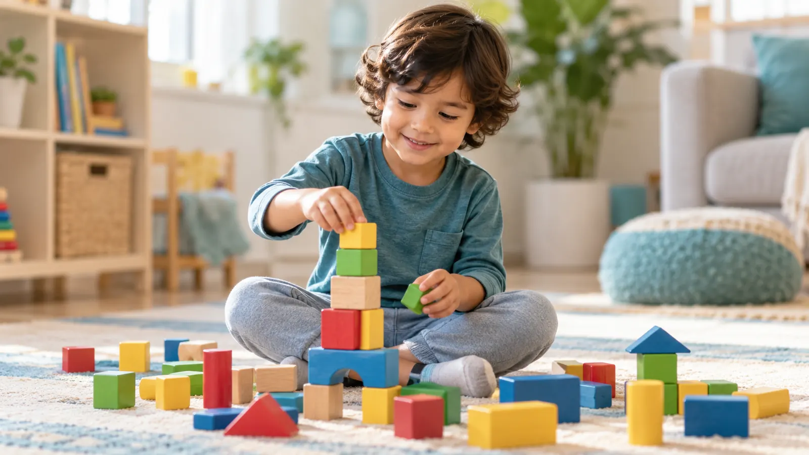 Child sitting cross-legged while playing on the floor