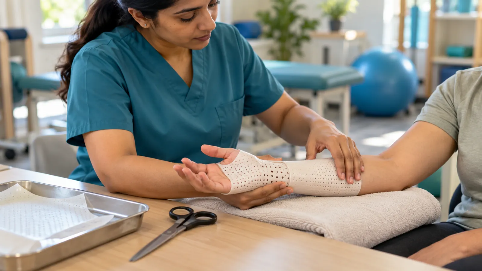 Occupational therapist fabricating a hand splint